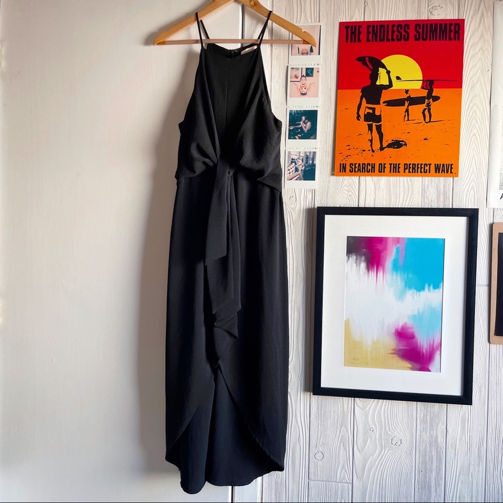 Gilli Tie Front Faux Wrap Halter Black Midi Dress Business Casual Minimalist